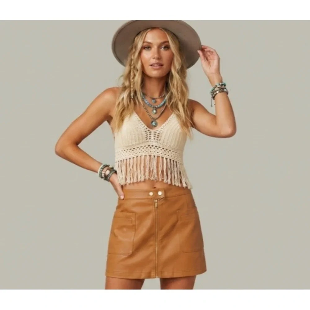 Free People Tan Faux Leather Mini Skirt High Waisted Zip Front Size 0 Camel